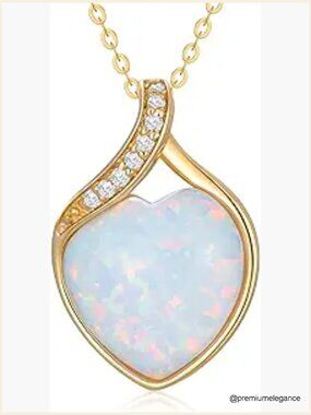 14k Solid Gold Heart Opal Diamond Pendant Necklace 16-18 Inch
